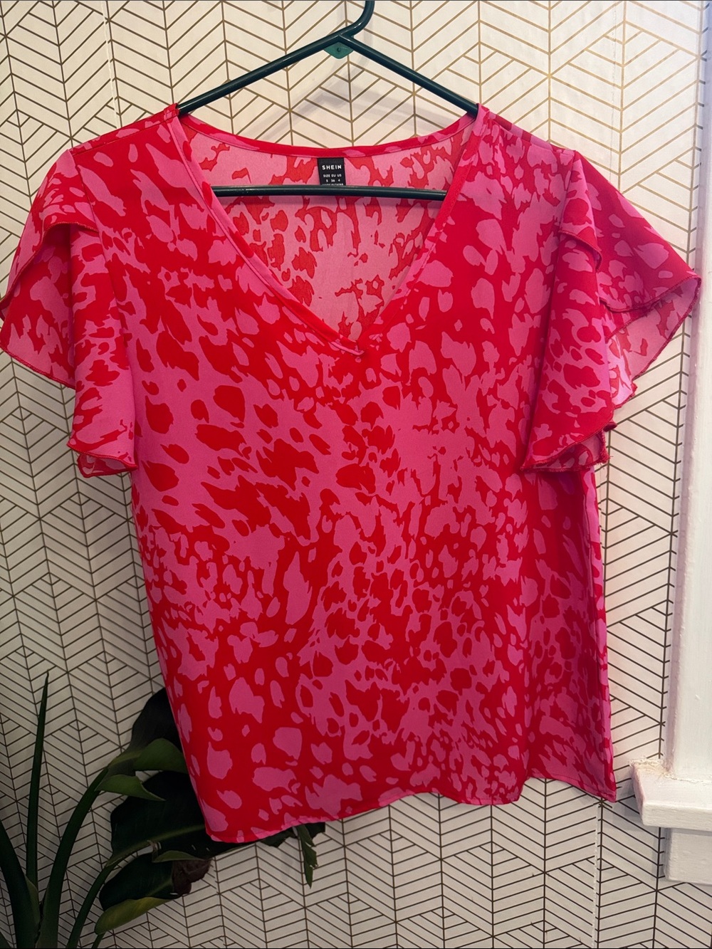 SHEIN Pink and Red Flutter Sleeve V-Neck Blouse